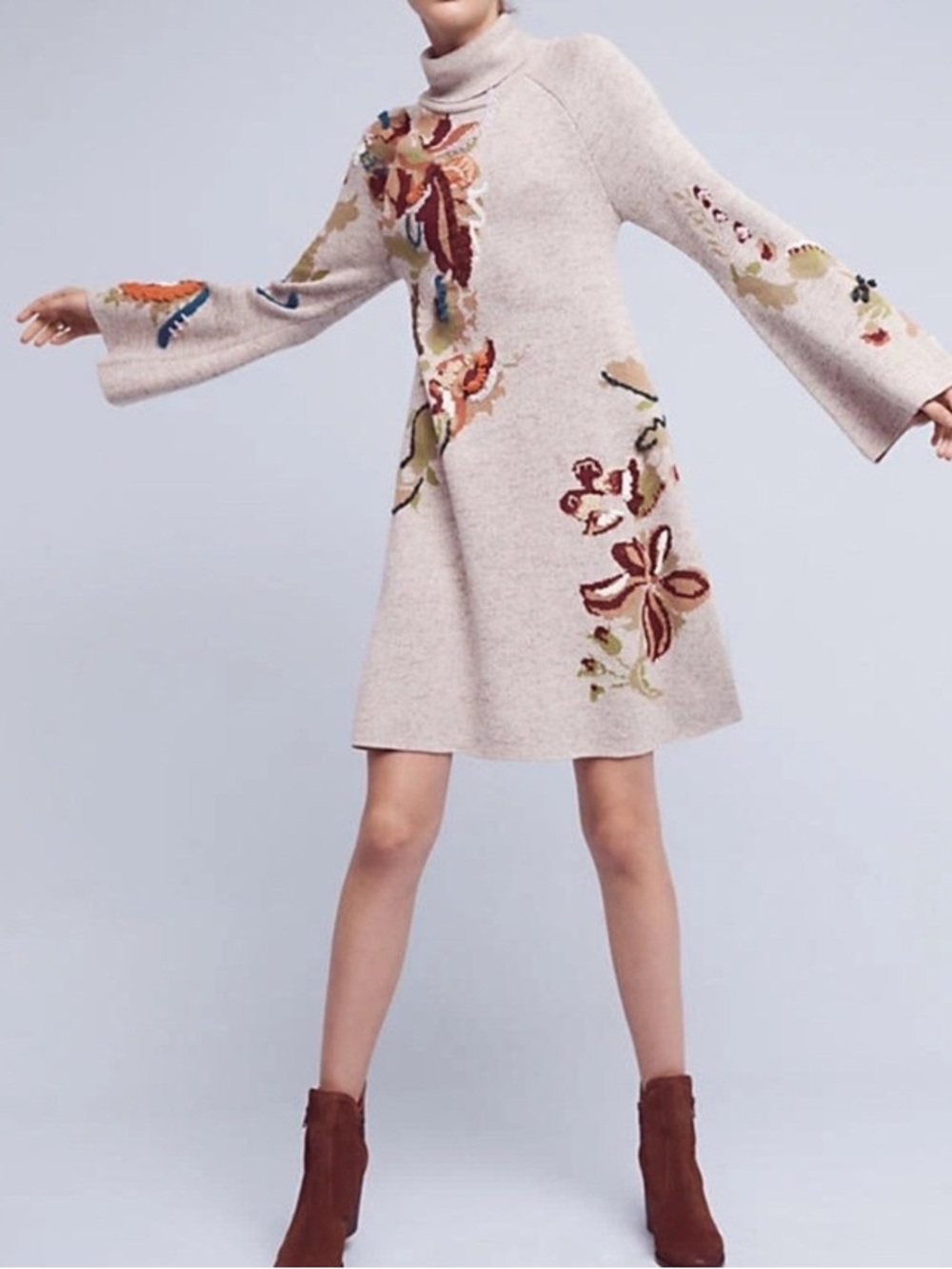 Anthropologie Knitted and Knotted Long-Sleeve Floral Embroidered Swing Dress M